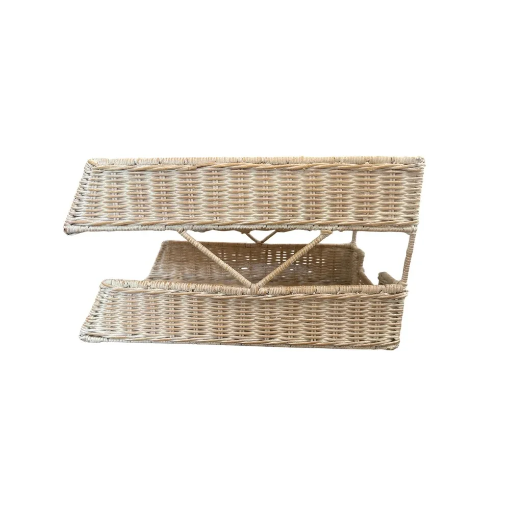 Wicker 2 Tier Letter Tray Desk Paper Organizer Whitewash Coastal Cottage Decor